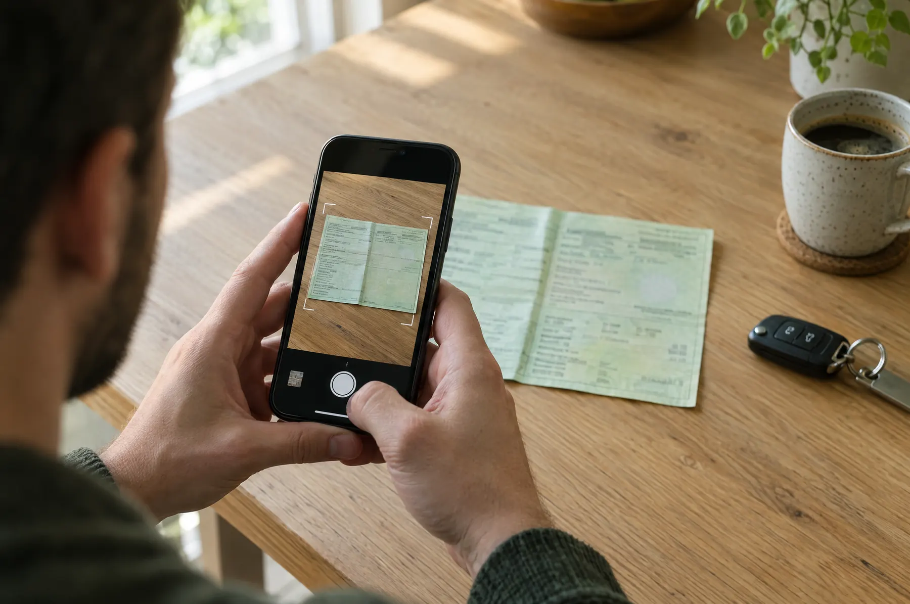 Hand fotografiert mit dem Smartphone ein Dokument auf einem Tisch