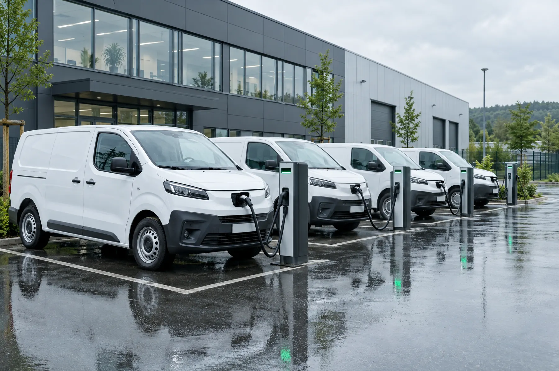 Mehrere weiße Elektro-Transporter laden an Ladesäulen auf einem Betriebshof