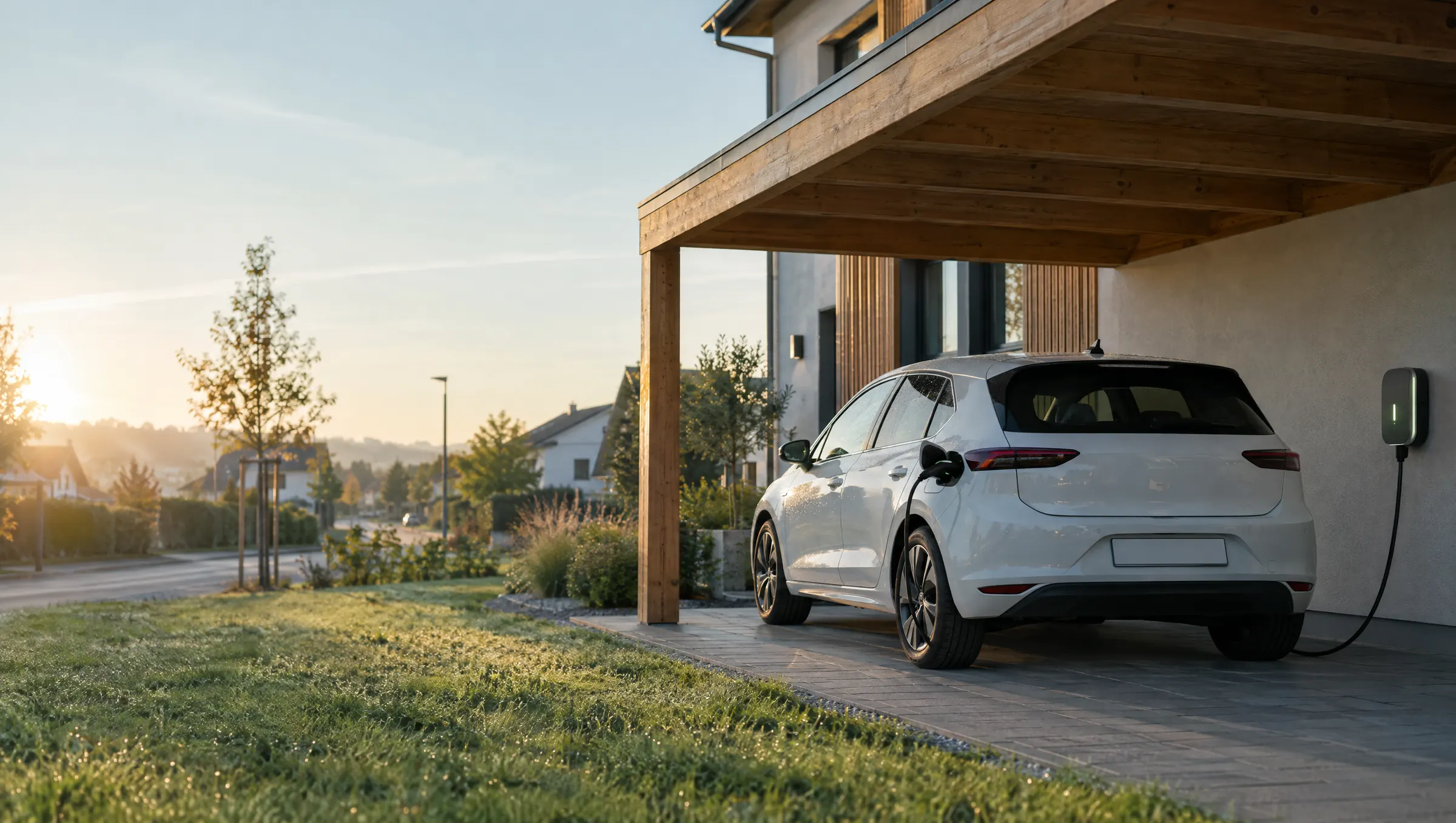 Weißes Elektroauto lädt an einer Wallbox unter dem Carport eines Einfamilienhauses im Morgenlicht